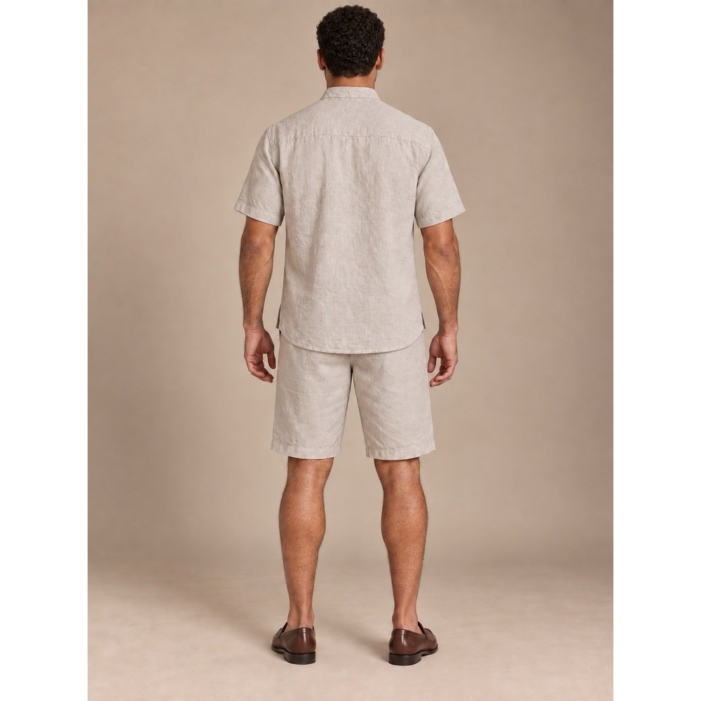 ACHfit Men's XL Oatmeal Beige Linen 2-Piece Shirt Shorts Set Elastic Waist - Picture 2 of 6